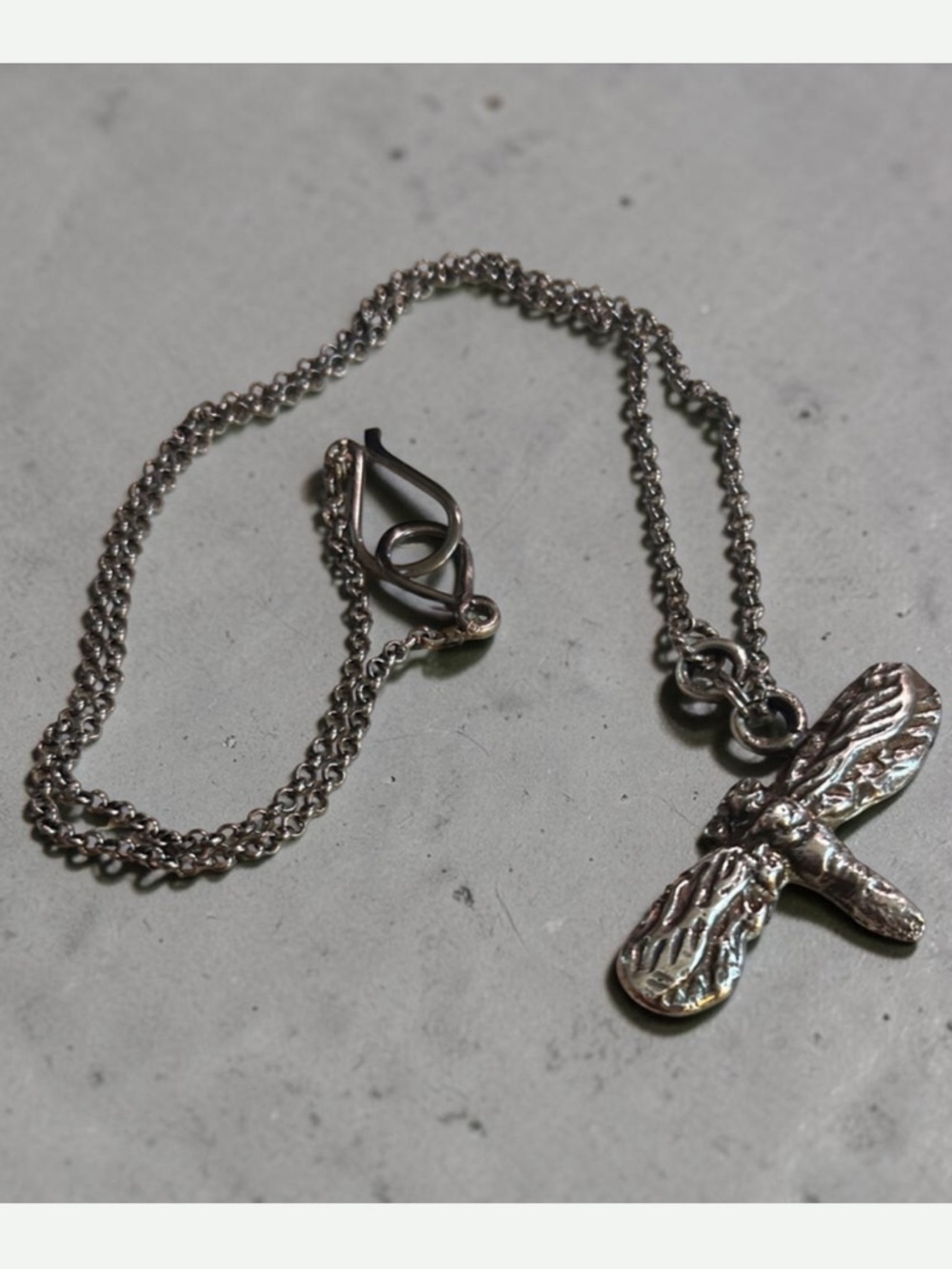 Vintage Heavy Brutalist Oxidized Sterling Silver Dragonfly Pendant Necklace